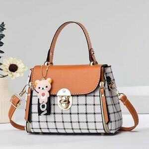 Neiman Marcus Plaid Twist Lock Brown Bear Purse